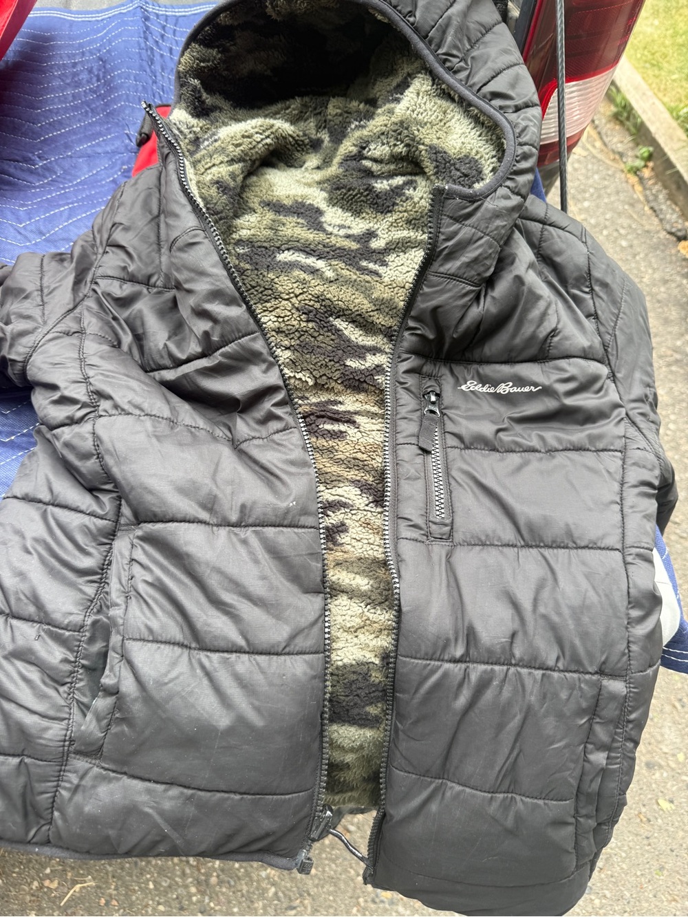 Eddie Bauer Black Puffer Jacket with Camo Sherpa Lining